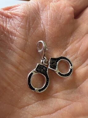 Sterling Silver Handcuff Charm Bracelet Pendant with Black Stones